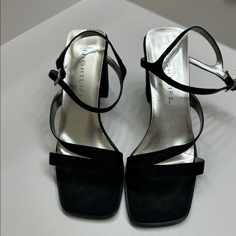 Black Strappy Heels with Rhinestone buckle by Nightlife, size 8.5